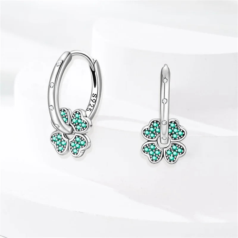 Sterling Silver Four Leaf Clover Hoop Earrings with Colored Zircon for Women
