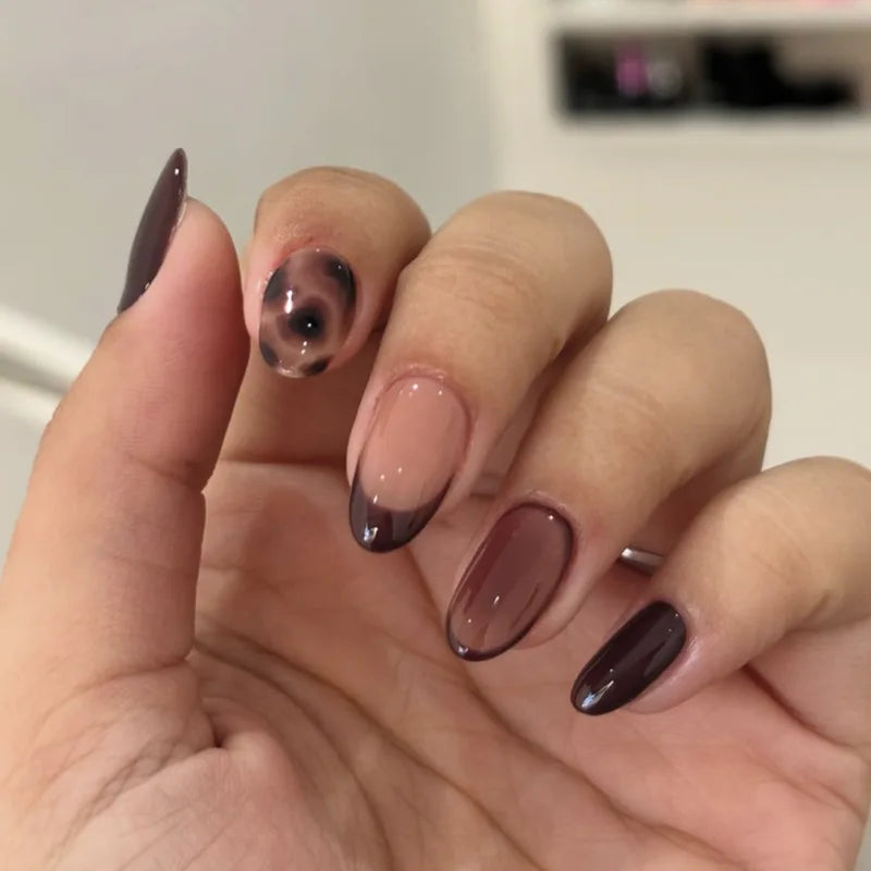 24pcs Gradient Black Pointed Nail Tips Fake Nails Set Long Almond Press On Nails