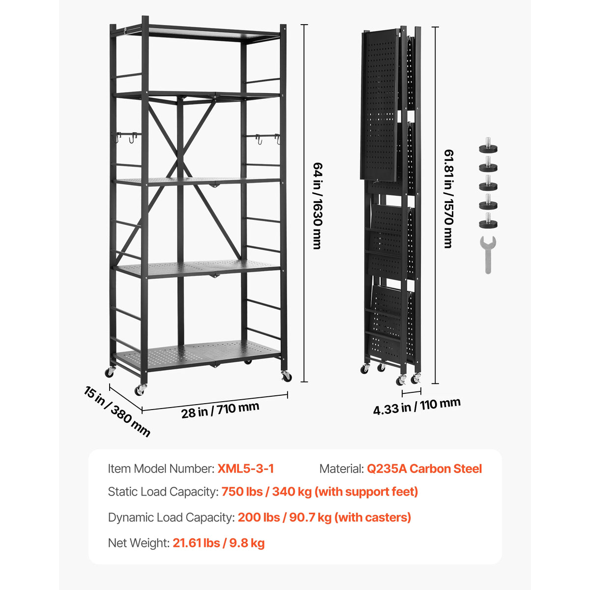 Foldable Mobile Storage Shelf with Wheels & Hooks, Space-Saving Organizer for Kitchen & Home