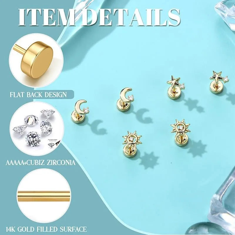 Hypoallergenic 14k Gold Plated Flat Back Stud Earrings Set for Men Women - Cartilage & Lip Piercing Jewelry