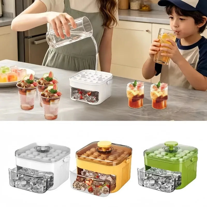 Press Type Ice Cube Mold with Lid - Reusable Double-Layer Ice Tray for Freezer
