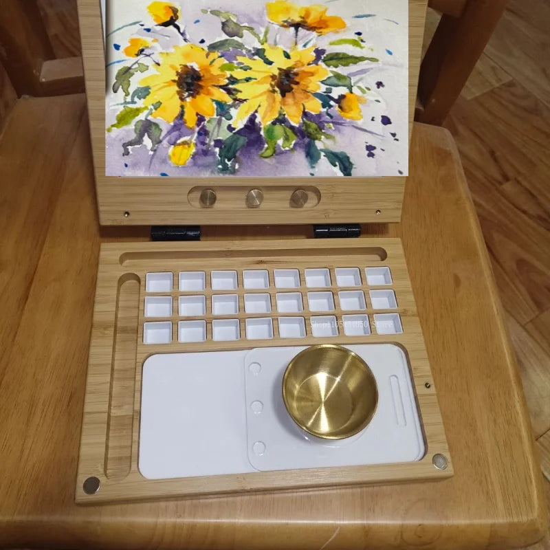 24-Cell Bamboo Watercolor Paint Box, Portable Art & Sketching Kit