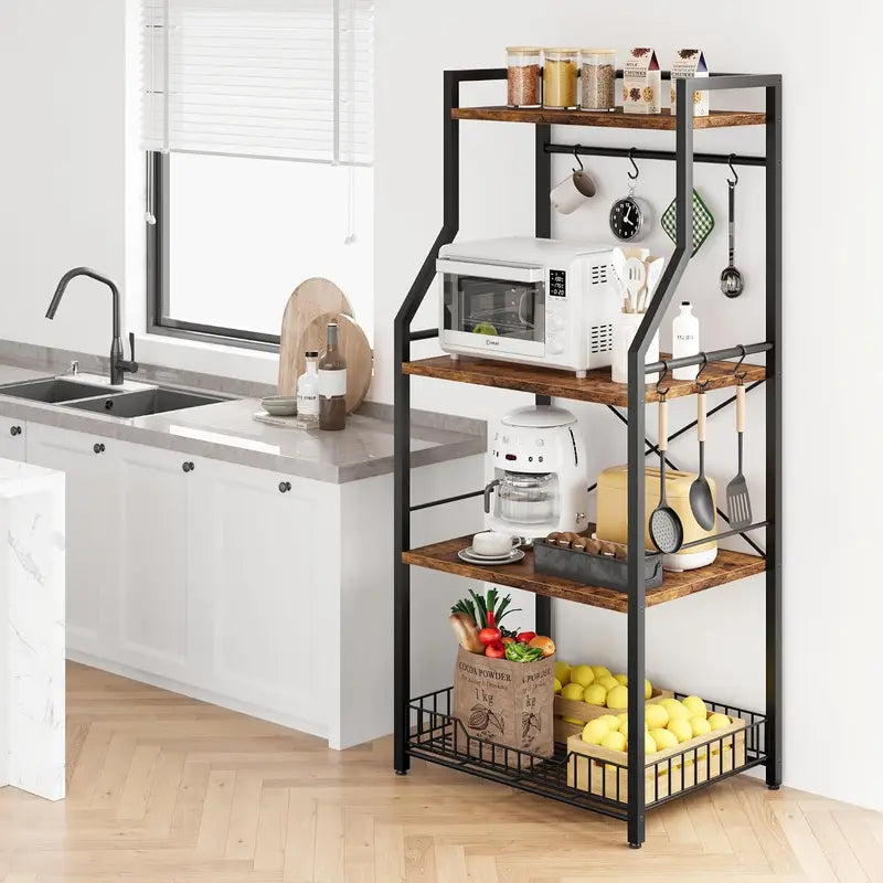4-Tier Metal Floor Rack with Hooks Multi-Purpose Kitchen & Home Storage Shelf