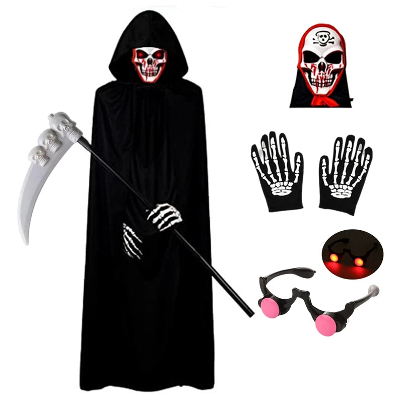 Kids Halloween Grim Reaper Costume with Mask, Gloves, Red Eyes & Scythe