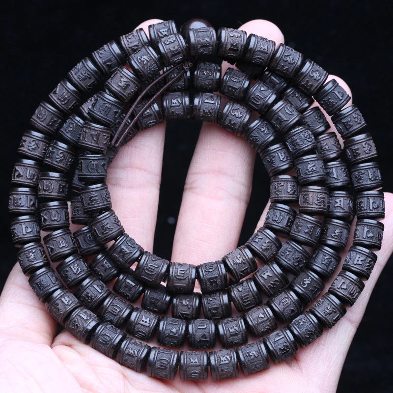 Natural Ebony Prayer Wheel Necklace with 108 Beads and Six-Character Mantra - Tibetan Buddhist Jewelry