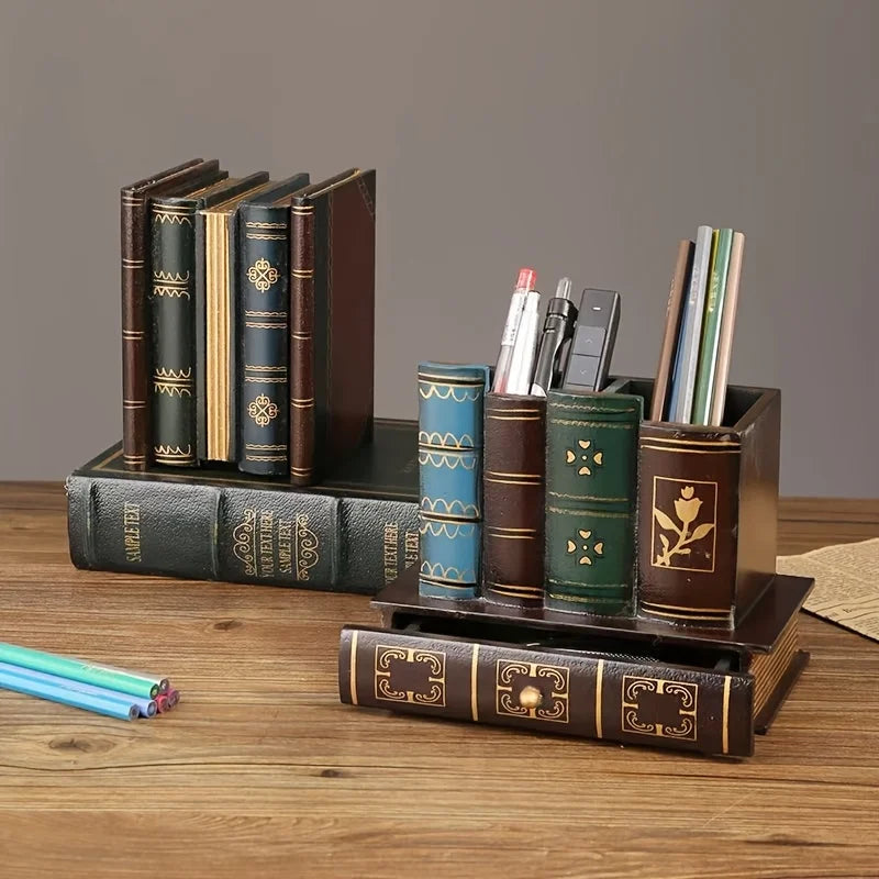 Vintage Wooden Pen Holder Desk Organizer Home Office Storage