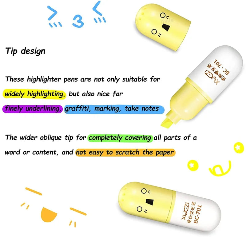 6-Pack Colorful Mini Pill Highlighter Pen Set - Cute Smiling Face Design for School & Office