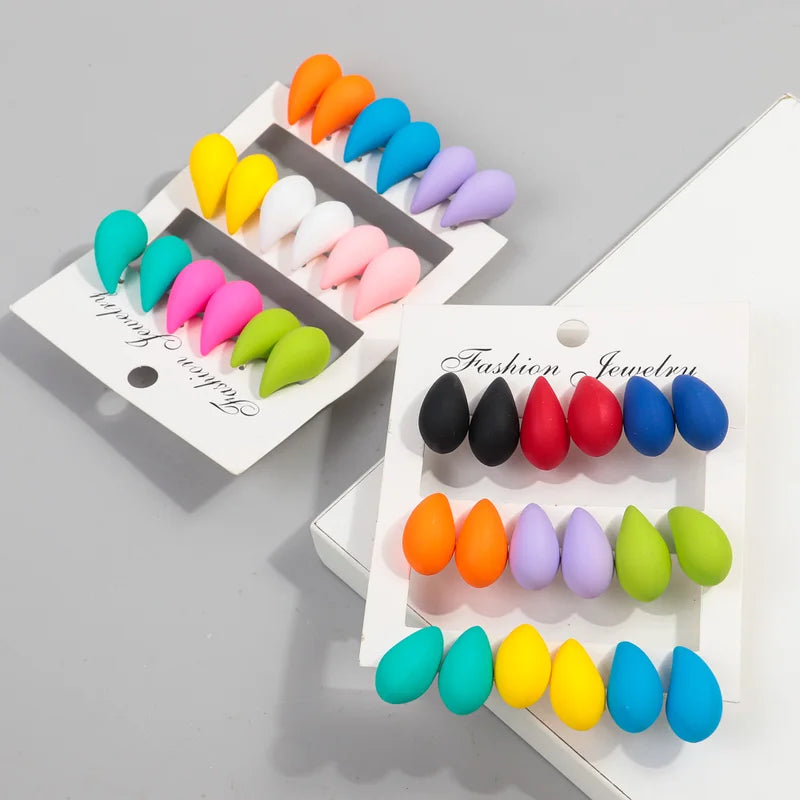 9-Pair Acrylic Waterdrop Earrings Set - Colorful Matte Tear Drop Jewelry for Women