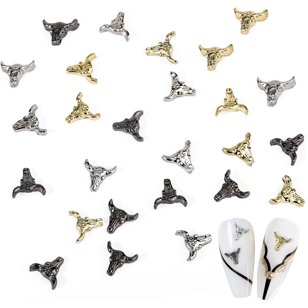 30 Pcs Western Cowboy Nail Charms Halloween Bull Head Nail Art Decorations