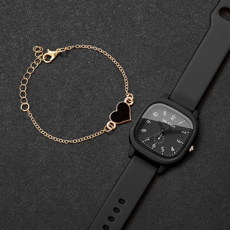 Fashion Square Women Quartz Watch with Heart Bracelet Set Silicone Strap, Arabic Dial