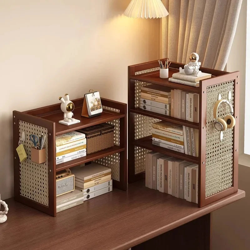 Multi-Height Desktop Bookshelf with Rattan Pegboard - Boho Wooden Organizer for Home Office