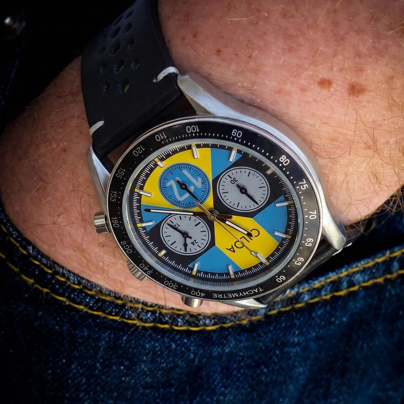 Men's Racing Chronograph Watch with Blue & Yellow Dial and Leather Strap