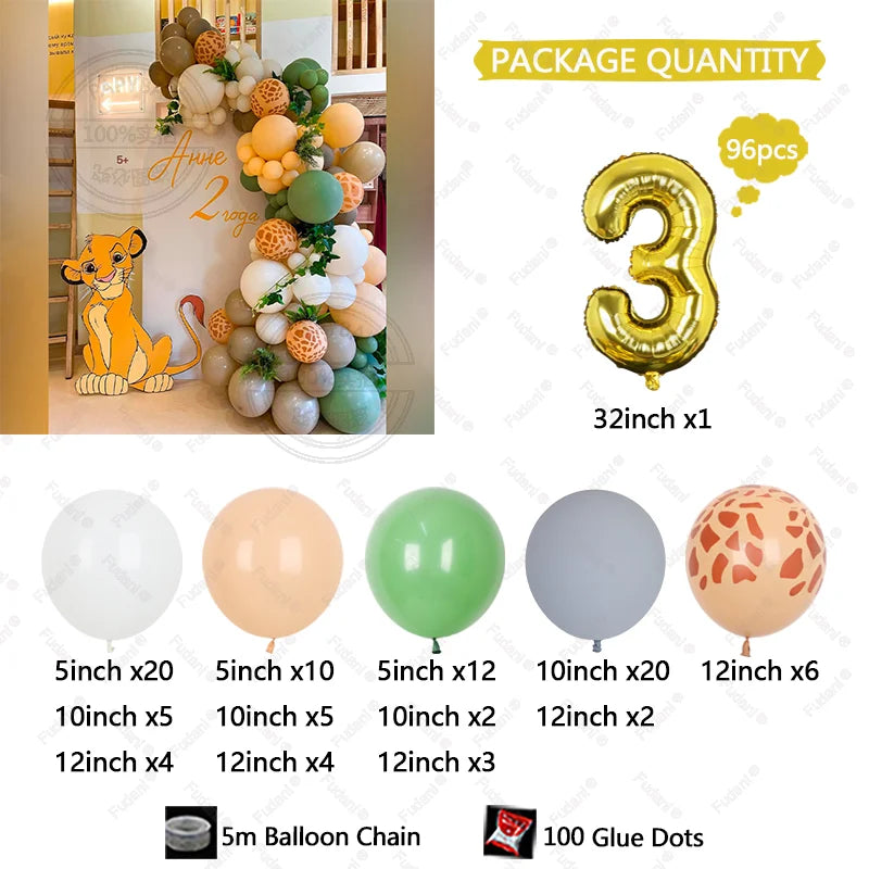 96Pcs Lion Theme Balloon Garland Kit for Baby Birthday Party Decorations
