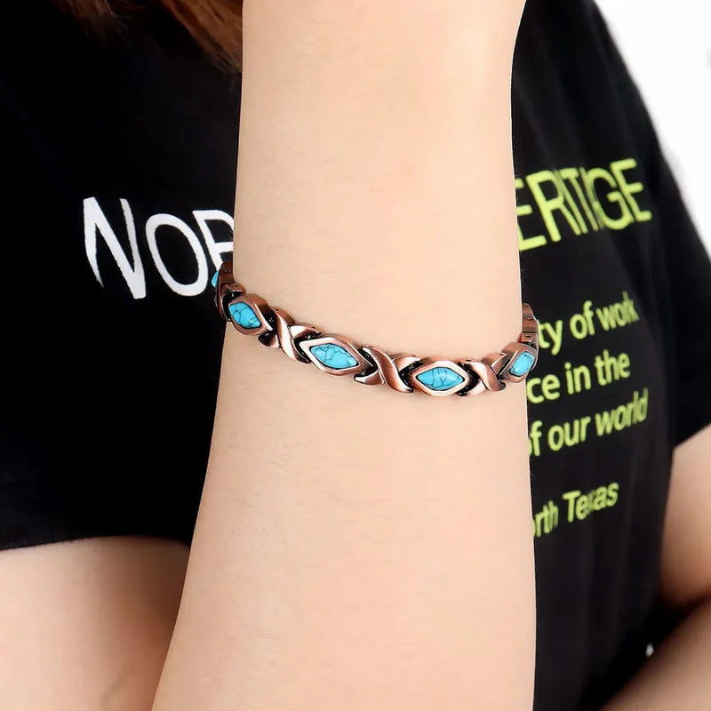 Vintage Copper Turquoise Inlay Magnetic Therapy Bracelet for Women - Boho Western Style Jewelry