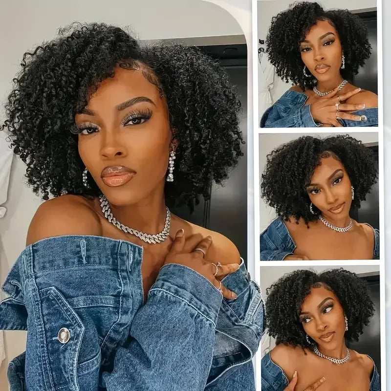 Kinky Curly Human Hair Half Wig 3-in-1 with Drawstring 16-22 Inch, 200 Density