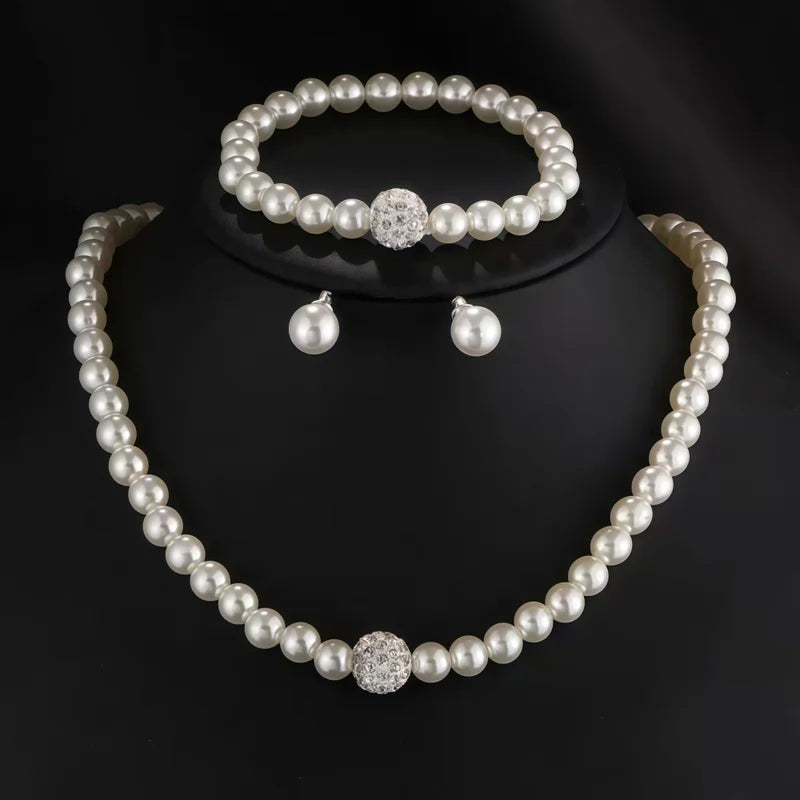 Imitation Pearl Fireball Jewelry Set with Necklace Bracelet Earrings - Silver or Gold Color