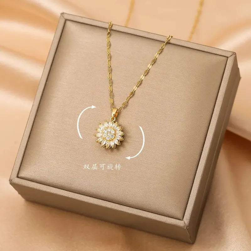Trendy Spin Sunflower Necklace for Women Stainless Steel Zircon Jewelry