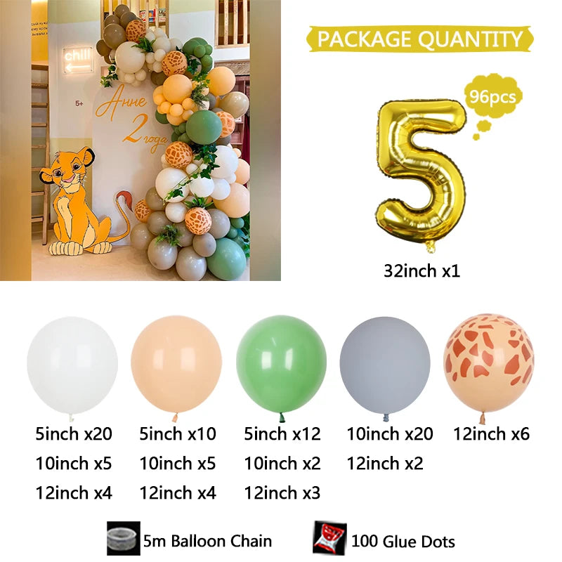 96Pcs Lion Theme Balloon Garland Kit for Baby Birthday Party Decorations