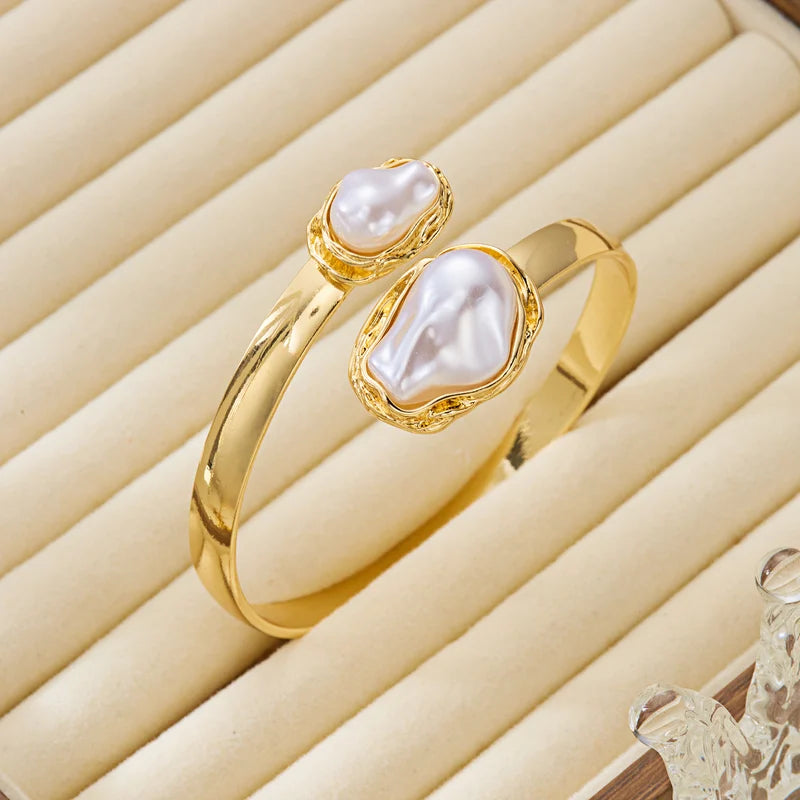 Elegant Pearl Jewelry Set for Women Vintage Snake Chain Necklace Open Cuff Bangle & Ring