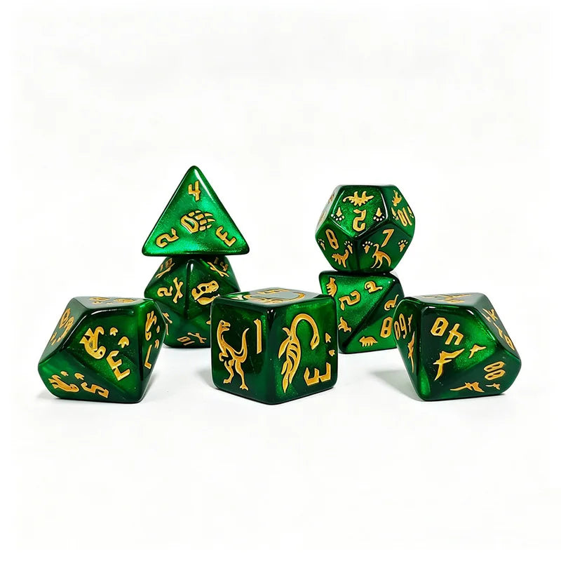 7-Piece Green Dinosaur Dice Set with Gold Skeleton & Footprint Symbols for RPG & D&D