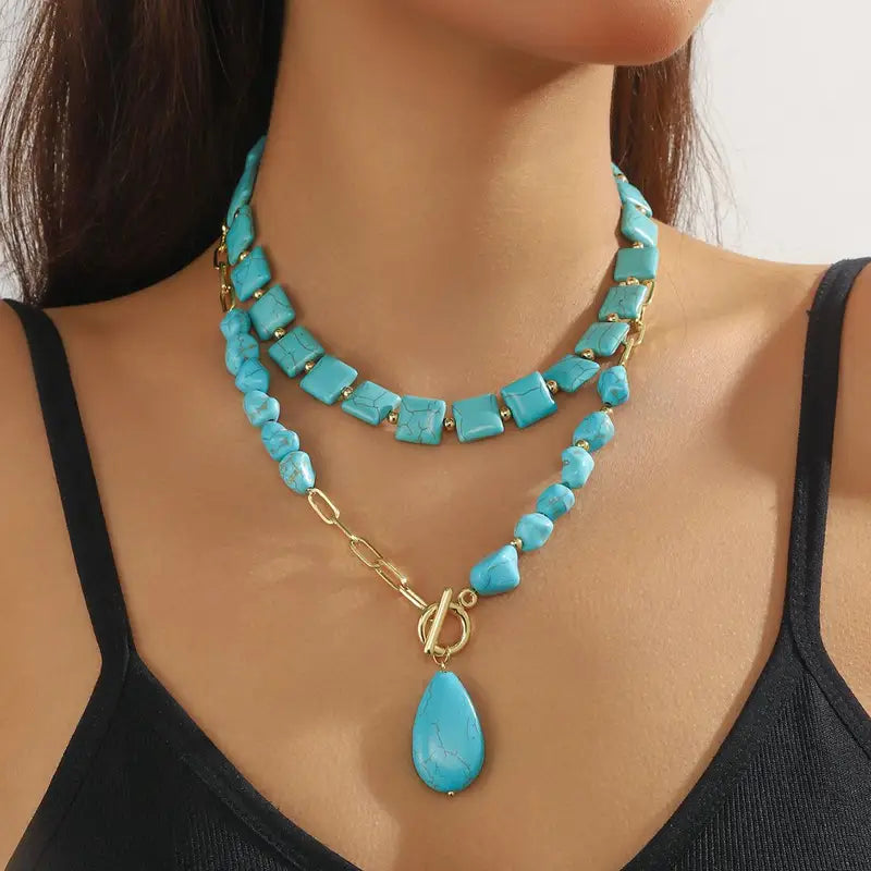 Elegant Turquoise Beaded Necklace for Women with Teardrop Pendant