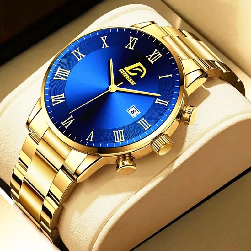 Men's Gold Watch Minimalist Quartz Calendar Wristwatch Business Casual