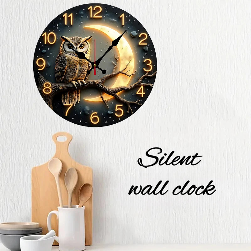 Moonlight Night Wooden Wall Clock - Silent Hanging Round Decor for Living Room Bedroom Office