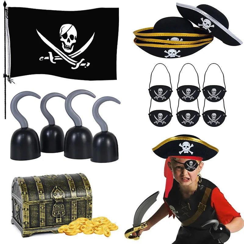 Kids Pirate Cosplay Costume Props Set with Hat Eye Patch Skeleton Hook for Halloween Party