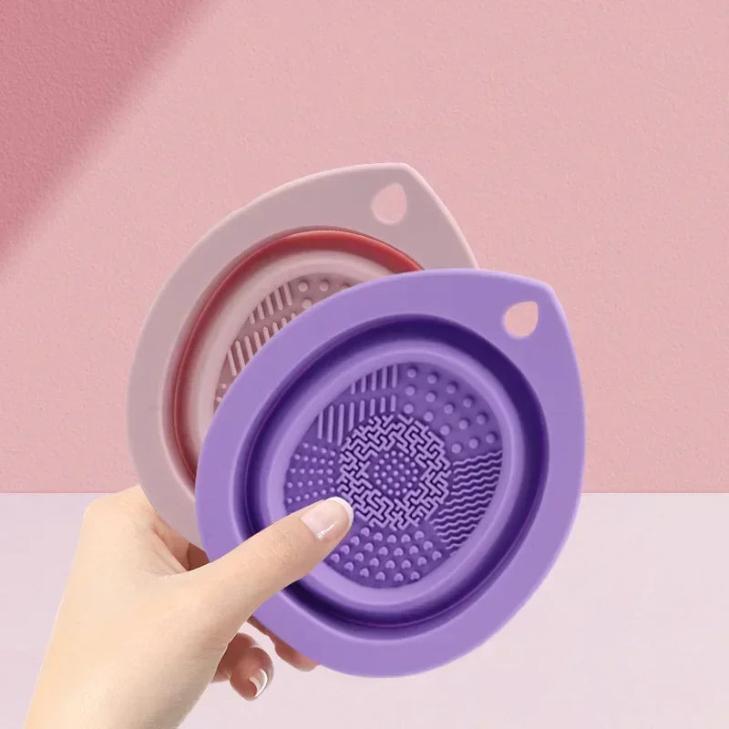 Foldable Silicone Makeup Brush Cleaner Bowl with Soft Mat for Brushes & Sponges