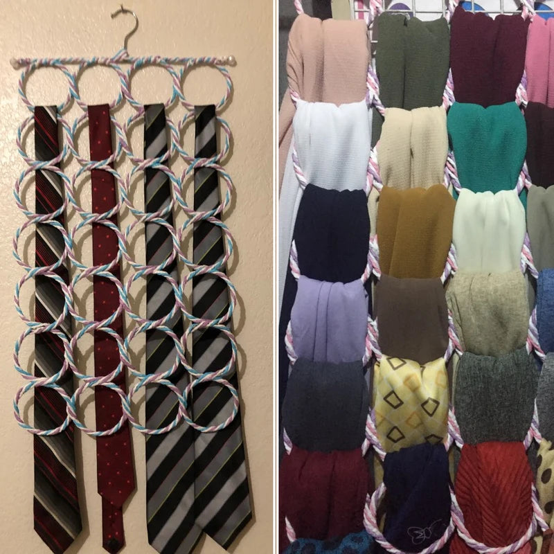 Foldable Scarf Organizer Rack with 28 Rattan-Weave Rings for Wardrobe & Display