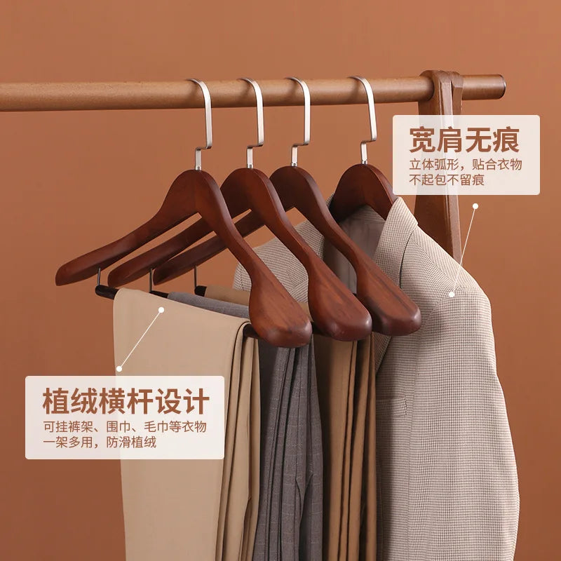 Wooden Wide Shoulder Coat Hanger - Retro Flocking Rod for Closet & Wardrobe
