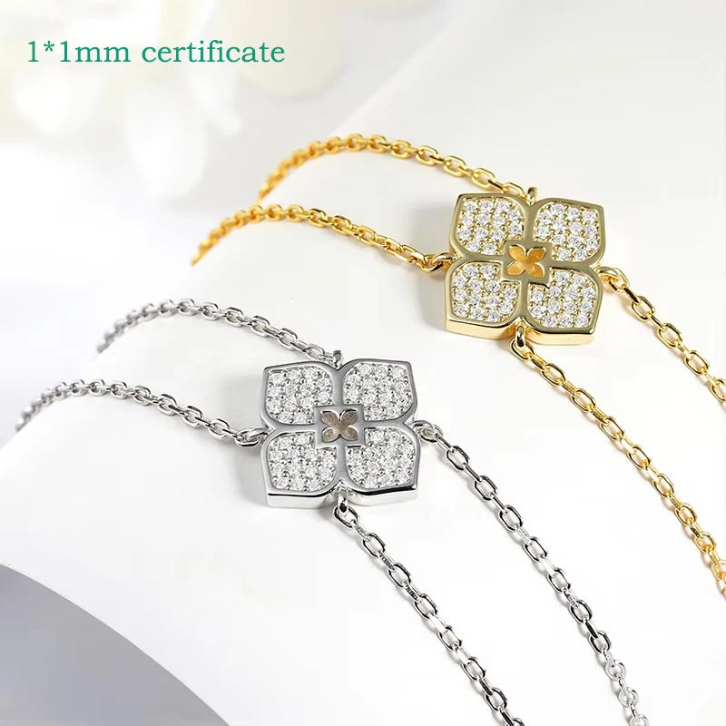 Sterling Silver Moissanite Flower Necklace with Long Chain Wedding Jewelry