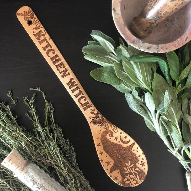 Halloween Witchy Bamboo Wooden Spoon Set - Eco-Friendly Kitchen Utensils - 3 Pieces with Mystical Engraved Designs