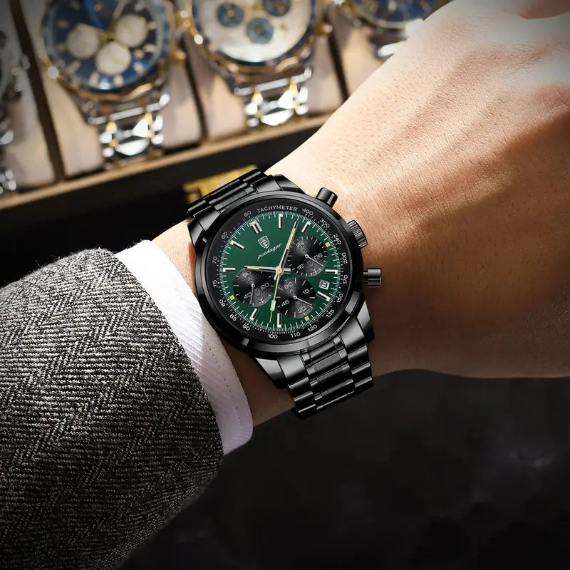 Men's Waterproof Luminous Chronograph Quartz Watch with Stainless Steel Band