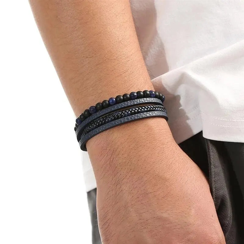 Men Leather Multi-Layer Beaded Bracelet with Tiger Eye - Fashion Jewelry Gift