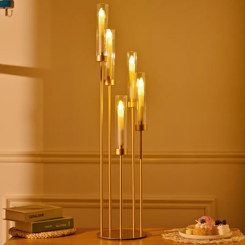 Gold 5-Arm Floor Candle Holders Set with Acrylic Shades for Weddings & Events