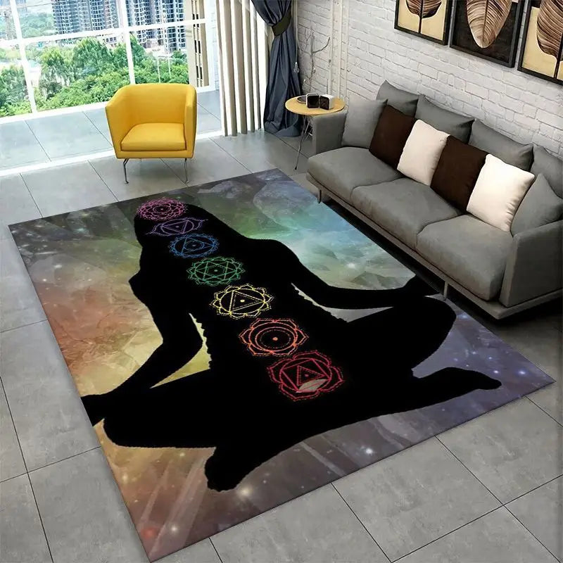Rainbow Chakra Yoga Mandala Meditation Rug Non-slip Floor Mat for Bedroom & Living Room