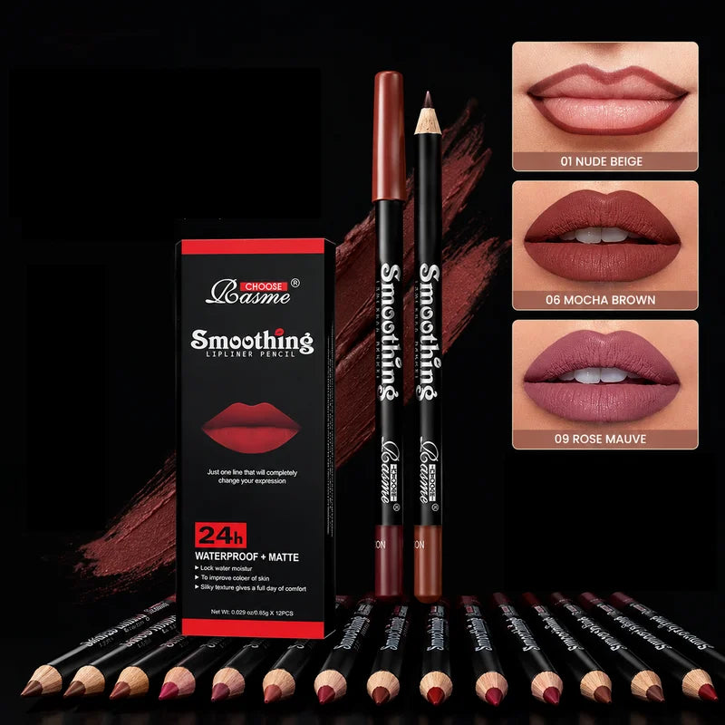 Long-Lasting Waterproof Lip Liner & Gloss Set - 12 Shades for Flawless Pout