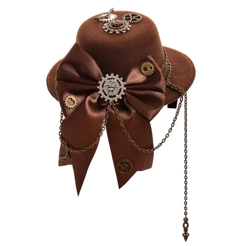 Gothic Mini Top Hat Hair Accessory with Gears Feather Flower for Cosplay & Costume