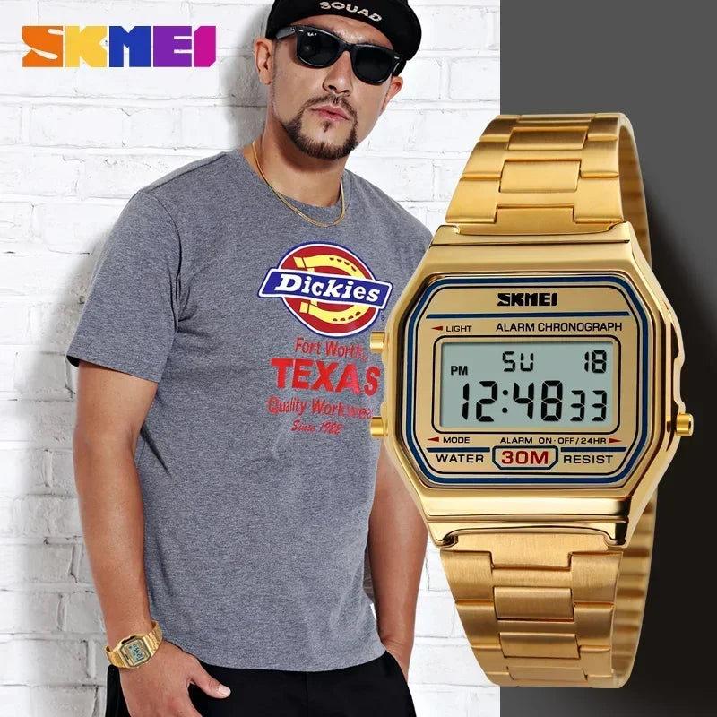 Digital Sports Watch for Men Waterproof Stainless Steel Casual Wristwatch