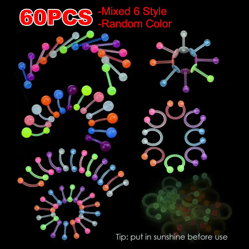 Glow In Dark Flexible Body Piercing Jewelry Set - Tongue, Ear, Lip, Septum, Eyebrow, Cartilage, Daith, Helix
