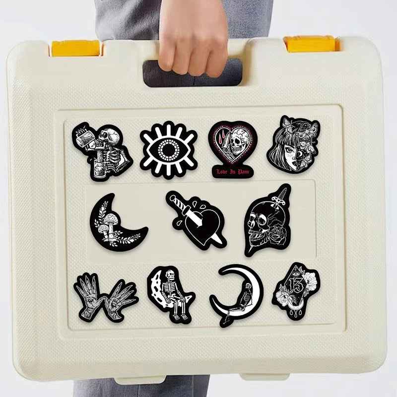 50pcs Black & White Skull Sticker Set Cartoon Graffiti Decals for Phone Laptop Luggage DIY