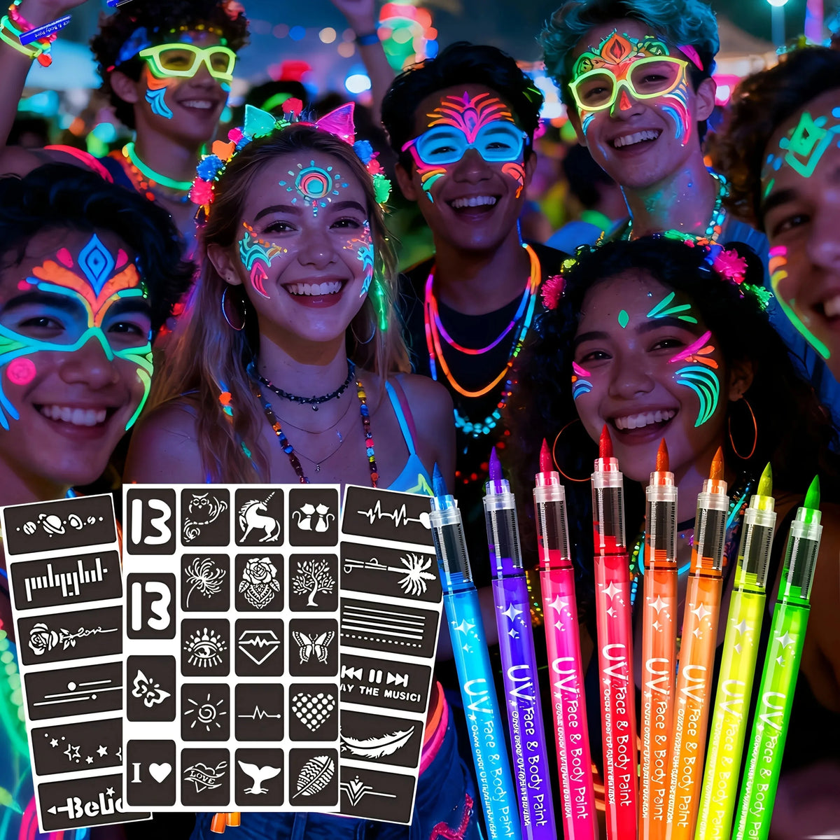UV Neon Face & Body Paint Markers Set - Glow in The Dark Fluorescent Art Pens for Halloween Festivals and Parties