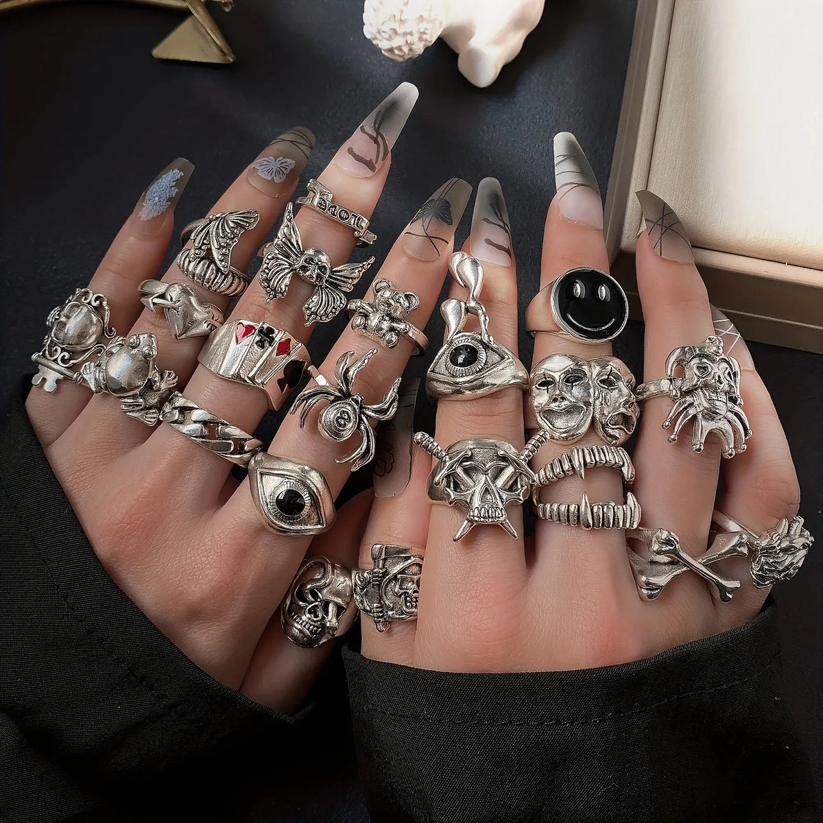 24-Piece Gothic Ring Set for Women Men Joker Devil Face Jewelry Trendy Accessories