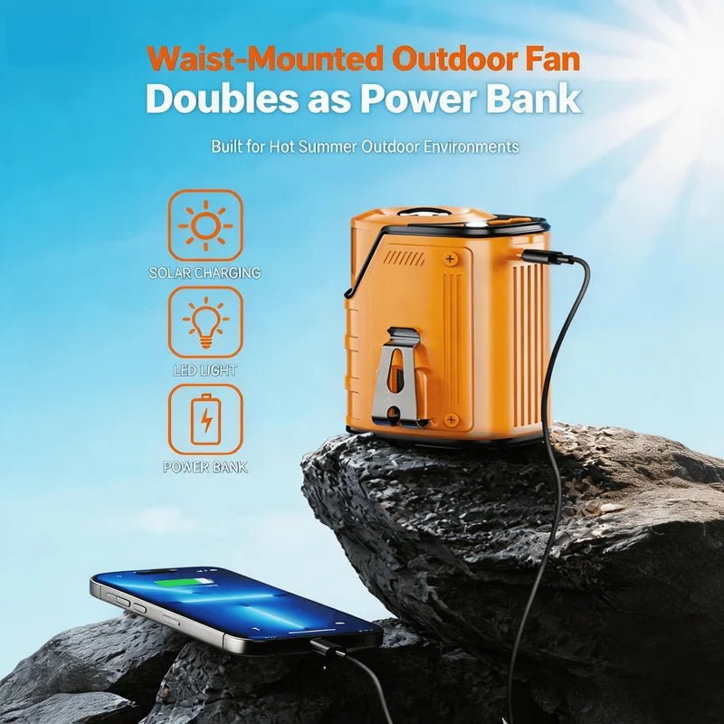 Portable 3-in-1 Waist & Handheld Fan with Power Bank, LED Flashlight, 10H Runtime