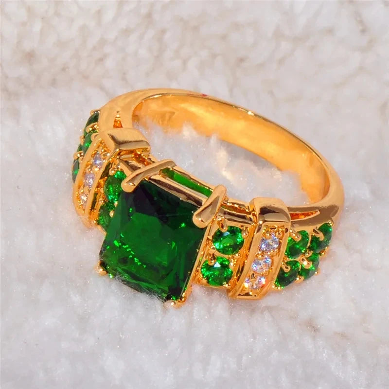 Green Crystal Ring Charm Gold Tone Wedding Engagement Jewelry for Women