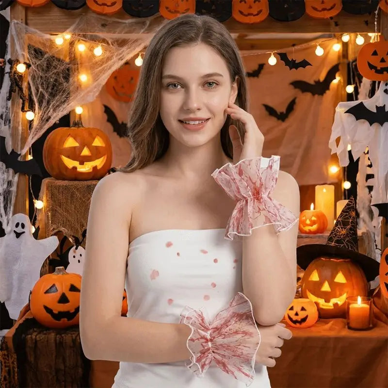 Blood Colored Dress Up Set with Lace Pleats and Detachable Ruffles for Costume Play