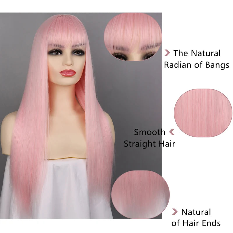Long Silky Heat-Resistant Synthetic Wig with Bangs for Cosplay & Fashion