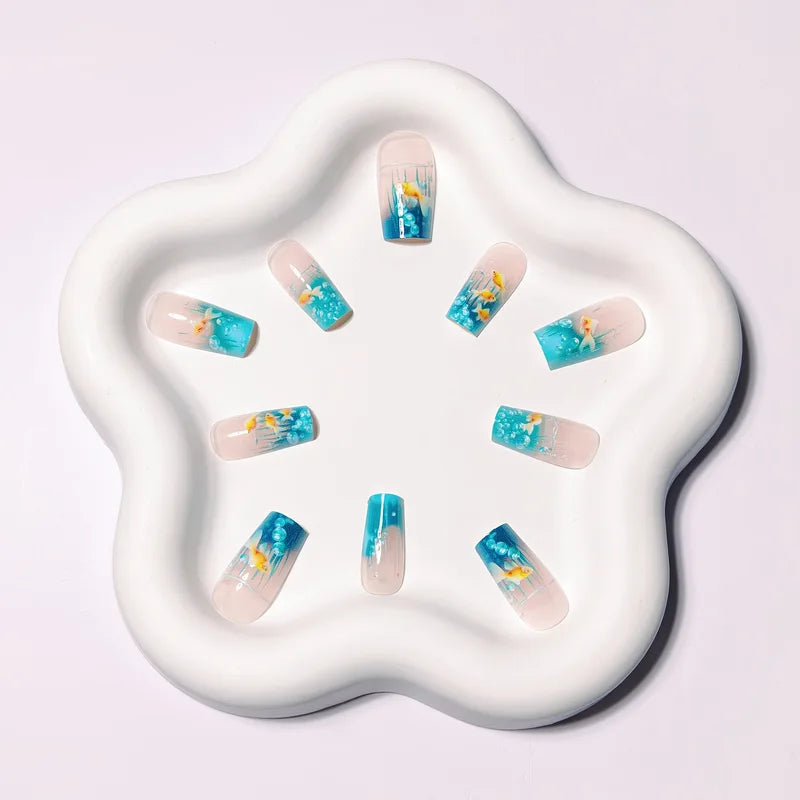 Medium Long Square Fake Nails for Women Summer Fish Design Full Cover Press-On Acrylic Nails