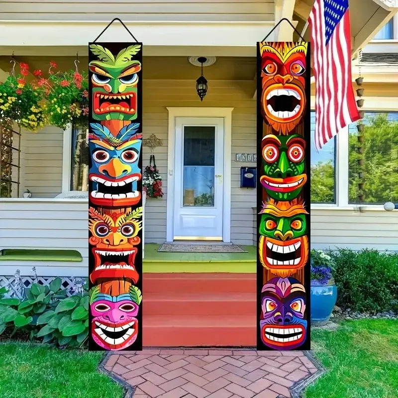 2-Piece Hawaiian Tiki Door Flag Set with Aloha Tropical Logo for Party and Decor